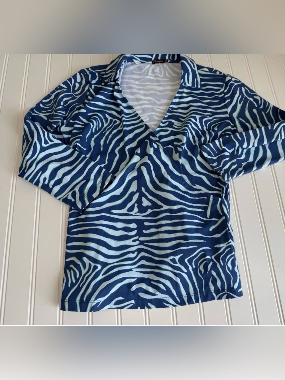 J. McLaughlin Faux Wrap Collared Catalina Cloth Women's Zebra Top Blue XS 738